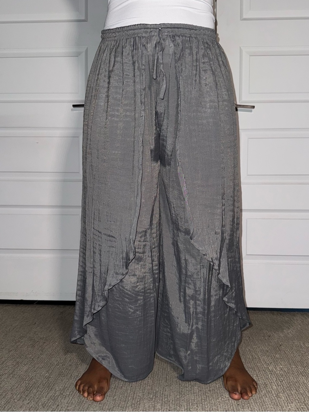 Grey Boho Silk Blend Tulip Split Harem Pants